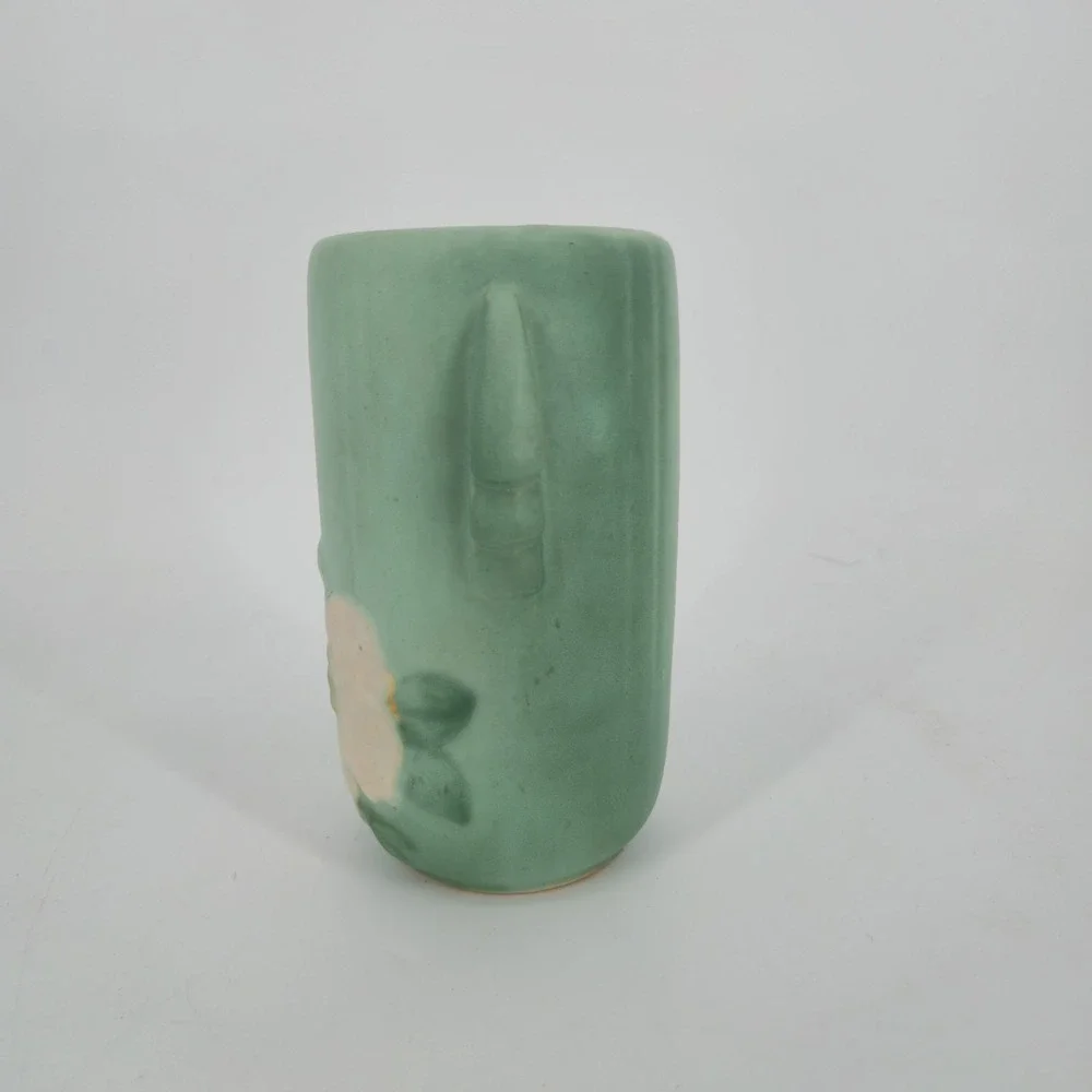 Vintage Weller Wild Rose Vase Matte Green Floral Double Handle 1930s Art Pottery